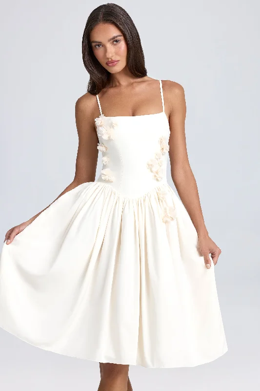 Midi dresses with one - shoulder designs for a modern and asymmetric style Floral-Appliqué Midi Dress in Ivory