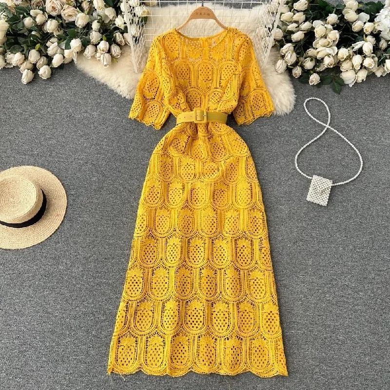Midi dresses with tassel accents for a bohemian and free - spirited style Bisco Luxury Lace Dress with Belt