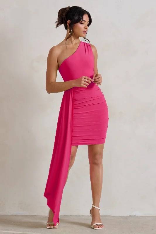 Mini dresses with spaghetti straps for a delicate look Charlie | Pink One Shoulder Ruched Mini Dress With Statement Drape