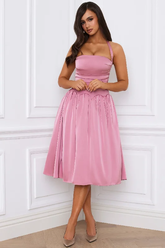 Midi dresses with satin - finish fabrics for a luxurious feel Halterneck Lace-Up Ruched Corset Midi Dress in Mauve