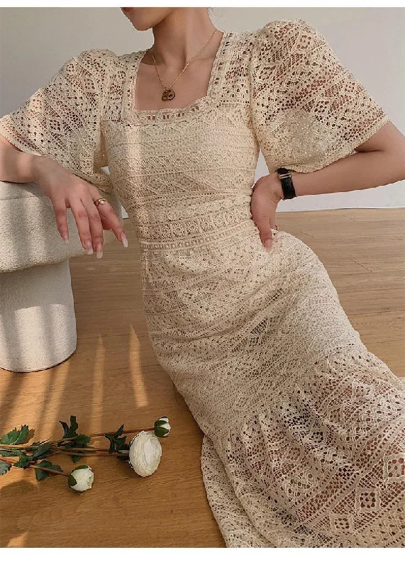 Midi dresses with ruffled bodices for a more pronounced feminine look Liliana Crochet Midi Dress