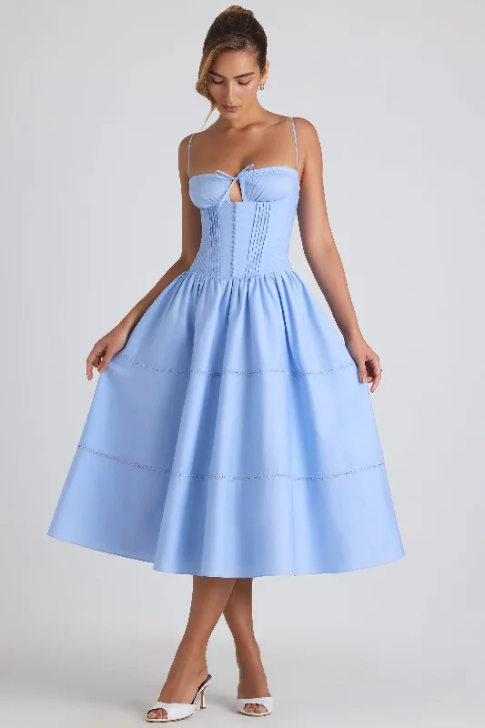 Midi dresses with animal prints for a bold and confident appearance Lace-Trim Pintucked Poplin Midaxi Dress in Sky Blue