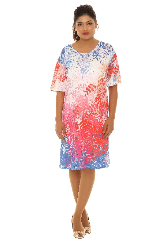 Mini dresses with pleated skirts for a classic look Tropical Leaf print Scoop Neck Short-Sleeves Dress