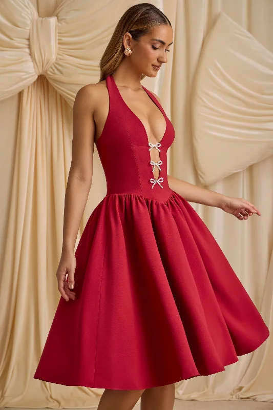 Plaid midi dresses for a fall - themed family gathering Halterneck Bow-Detail Midi Dress in True Red