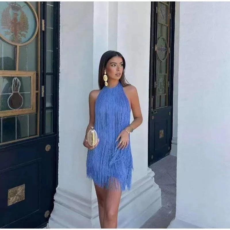 Mini dresses with ruched bodices for a feminine touch Blue Hue Tasseled Statement Dress