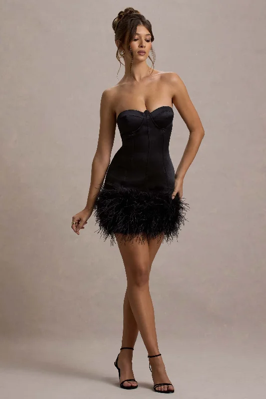 Mini dresses with high - low hems for a modern twist Vampira | Black Satin Corset Feather Mini Dress