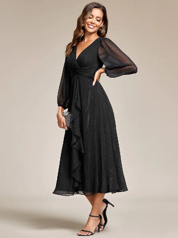 Midi dresses with ribbed textures for a unique and tactile appearance ever EMBER|See-Through Long Sleeve Twist Knot A-Line Lotus Leaf Shimmering Evening Dress