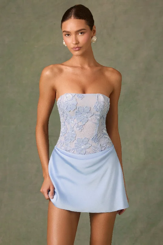 Mini dresses with cut - out details for a trendy look Embellished Draped Strapless A-Line Mini Dress in Sky Blue