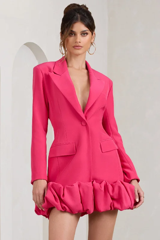 Mini dresses with pom - pom trims for a playful feel Cloud Catching | Hot Pink Tailored Blazer Mini Dress With Ruffled Hem