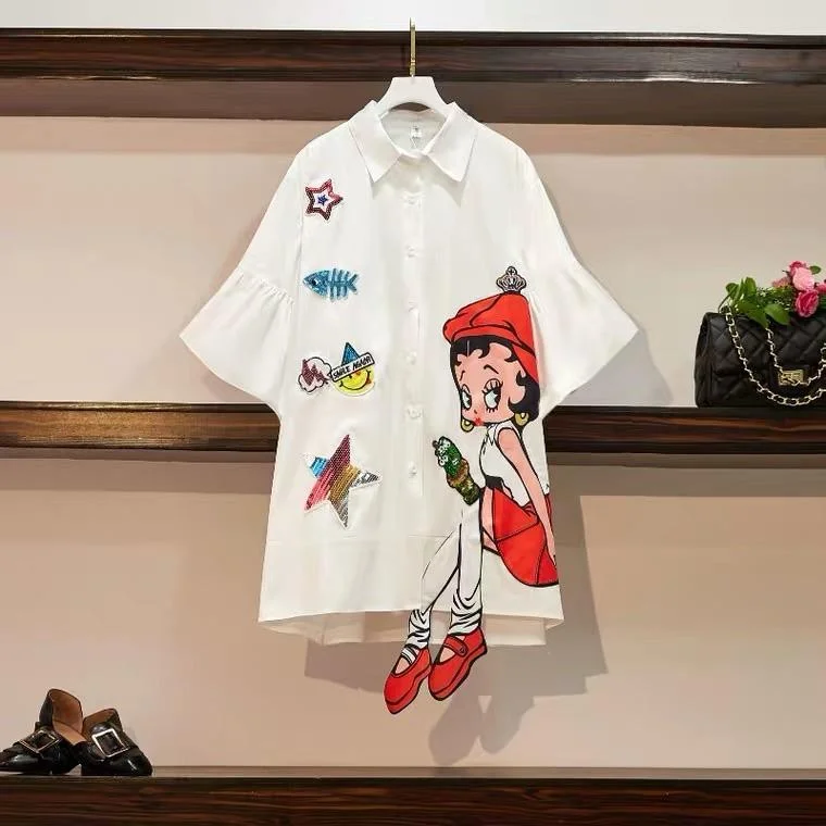 Mini dresses with polka dot patterns Cartoon Funky Shirt Dress
