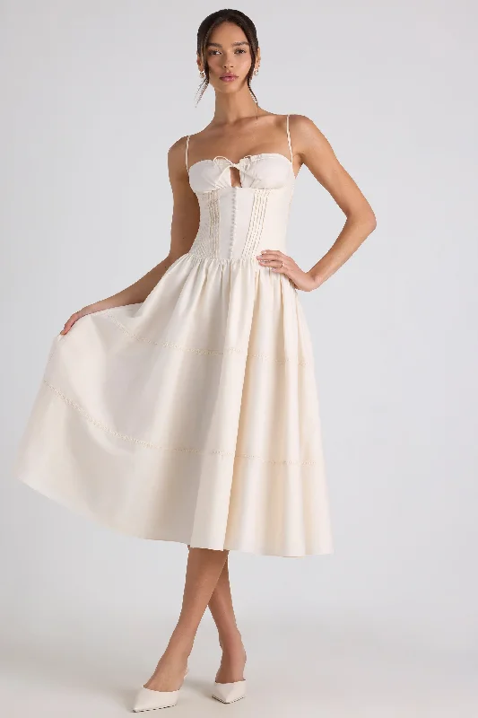 Sheath midi dresses with beaded embellishments for a formal occasion Lace-Trim Pintucked Poplin Midaxi Dress in Ivory