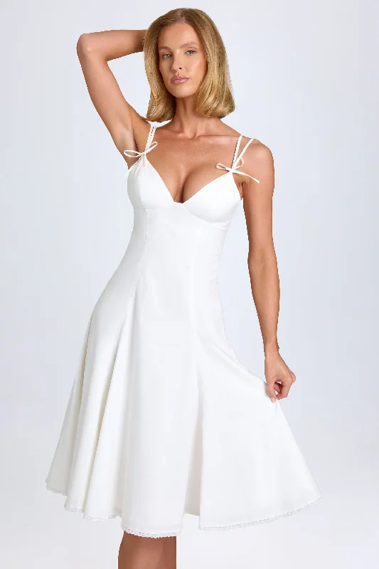 Wrap - style midi dresses in silk for a sophisticated office look Bow-Detail Lace-Trim A-Line Midi Dress in White