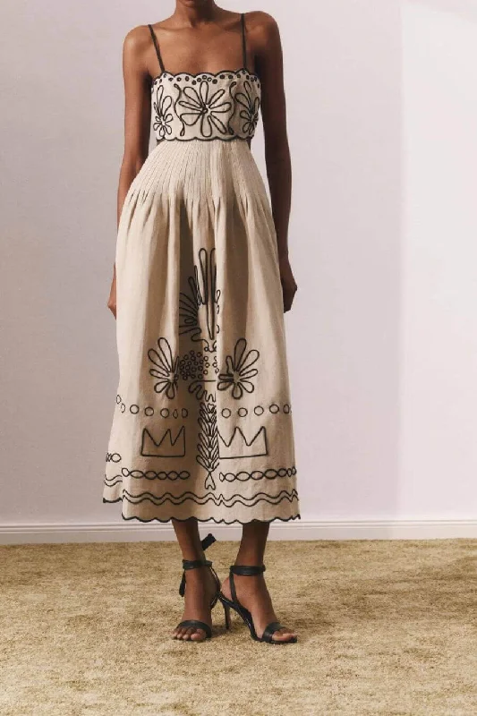 Sheath midi dresses with beaded embellishments for a formal occasion Jamie Embroidered Holiday Midi Dress in Beige - Luxe Collection