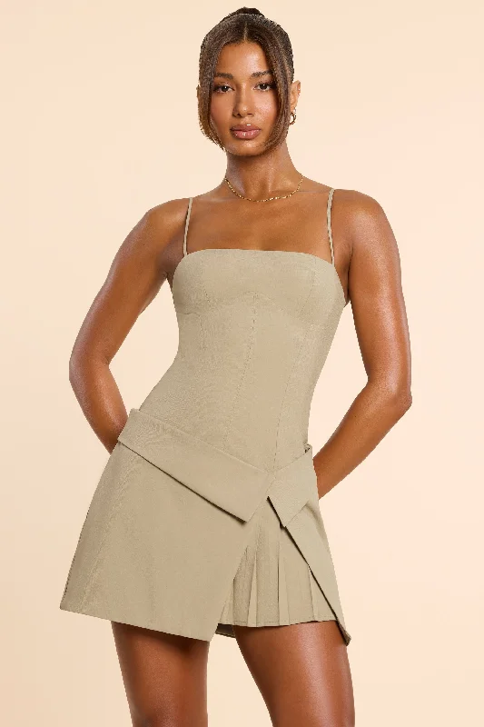 Floral print mini dresses for summer parties Woven Twill Wrap Over Pleated Mini Dress in Taupe