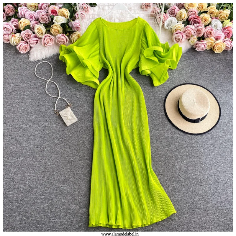 Sleeveless midi dresses with lace details for summer weddings Rhonda Pleated Dress