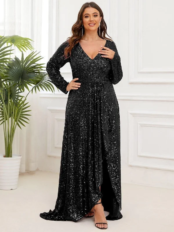 Midi dresses with fringe details for a fun and energetic style pretty SYREN|Plus Size Sequin V-Neck Long Sleeve High Slit Bodycon Evening Dress