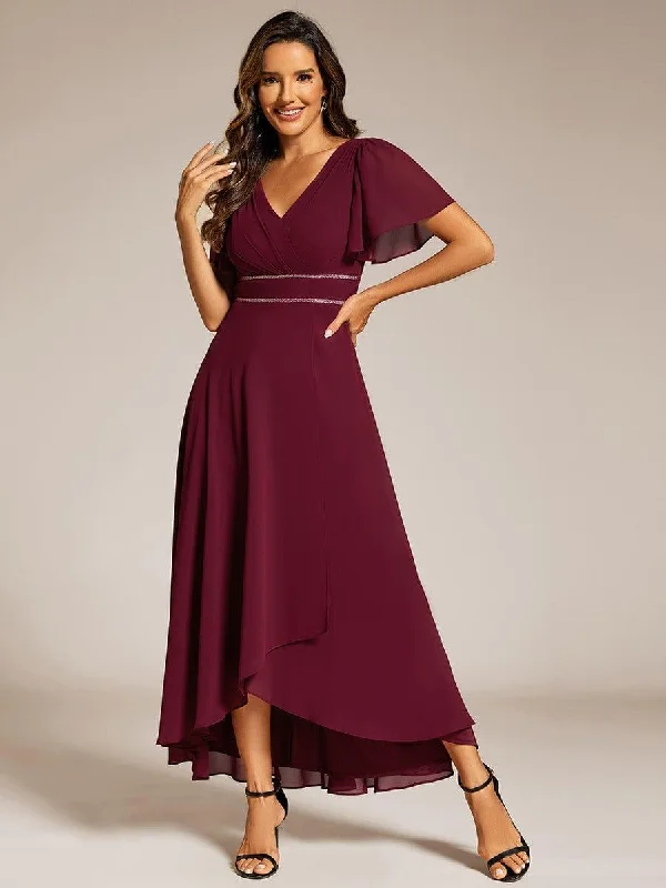 Midi dresses with halter necks for a stylish and comfortable option ever DAKOTA|Double V-Neck Waist Trimmed Chiffon Formal Evening Dress