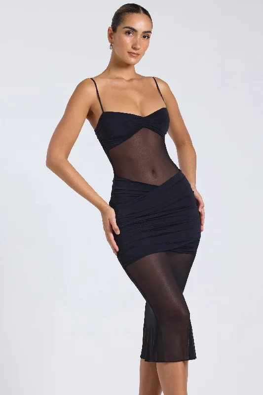 Midi dresses with patchwork patterns for a one - of - a - kind style Sheer Panelled Draped Midaxi Dress in Black
