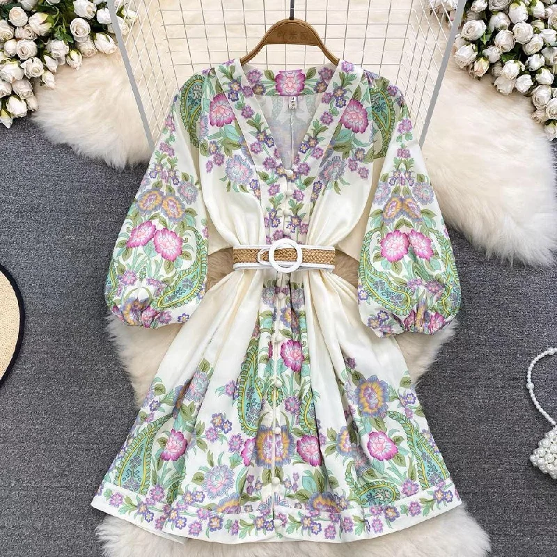 Polyester mini dresses for easy care Hennah Floral Print Dress with Belt