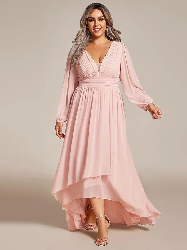Midi dresses with button - front designs for a classic touch pretty GRIFFIN|Plus Size V-Neck Long Lantern Sleeves A-Line Chiffon Bridesmaid Dress