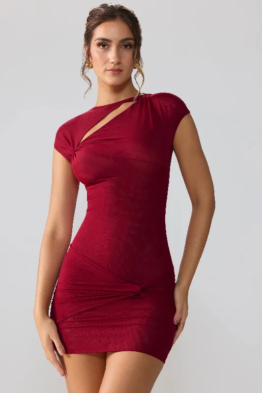 Mini dresses with side slits for a sexy appeal Mesh Cap Sleeve Cut Out Mini Dress in Ruby