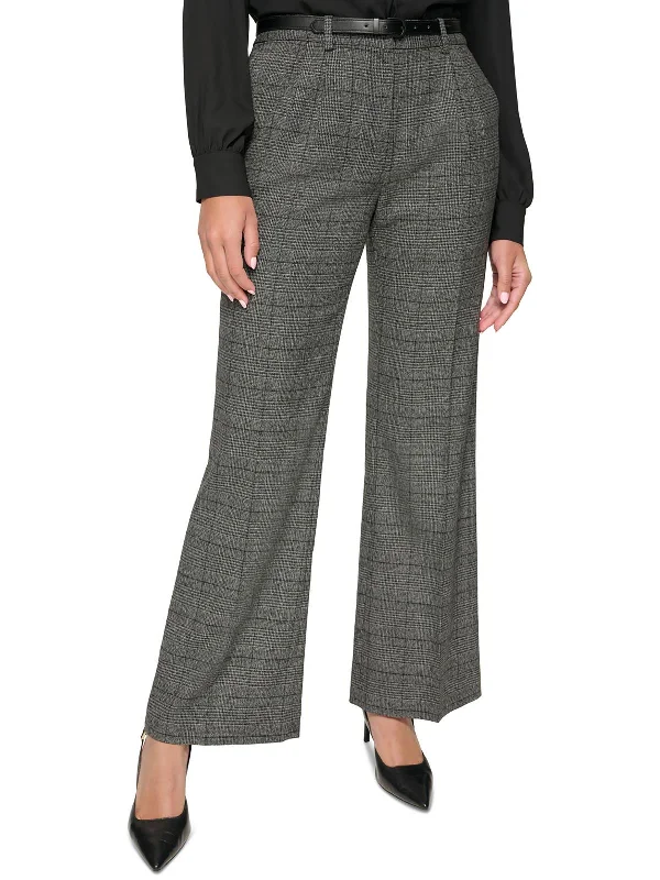 Women's Fleece - Lined Tight Trousers in Dark Blue for Warmth in Cold WeatherPetites Womens High Rise Glen Plaid Wide Leg Pants