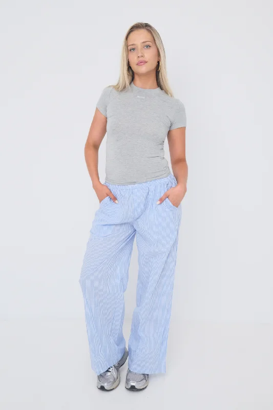 Women's Faux Leather Tight Trousers with Studded Details in Brown for an Edgy StylePinstripe Pants - Light Blue/White