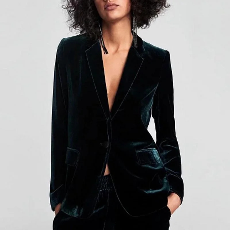 Women's Tailored Stretch Blazers in Navy Blue for Business Meetings1-Button Velvet Blazer Women - Suit Jacket