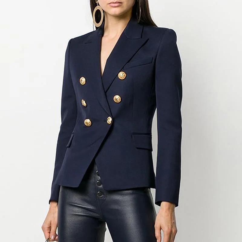 Plus Size Women's Double - Breasted Wool Blazers for Winter Office WearSign It Navy Blue Blazer Women - Casual - Plain-Solid