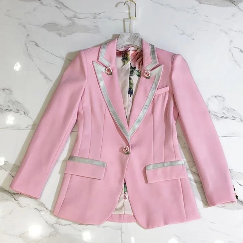 Single - Breasted Women's Tweed Blazers with Gold Buttons for a Classic LookElegant Pink Blazer Women - Casual - Plain-Solid