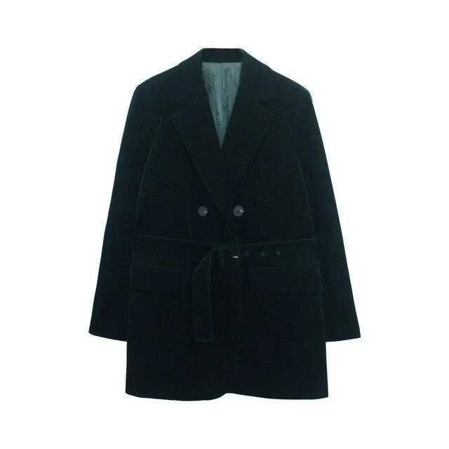 Plus Size Women's Military - Inspired Blazers with Gold Accents for a Bold LookLustrous Velvet Belted Oversized Blazer Women - Casual - Plain-Solid