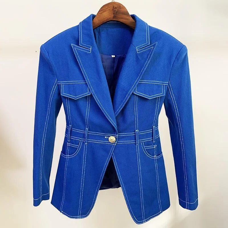 Single - Breasted Women's Linen Blend Blazers in Earth Tones for Casual WearStitched Denim Blazer Women - Casual - Plain-Solid