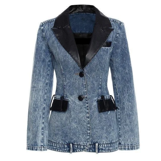 Oversized Women's Checkered Blazers in Black and White for a Trendy StyleStreetwear Leather Collar Denim Blazer Women - Casual - Plain-Solid