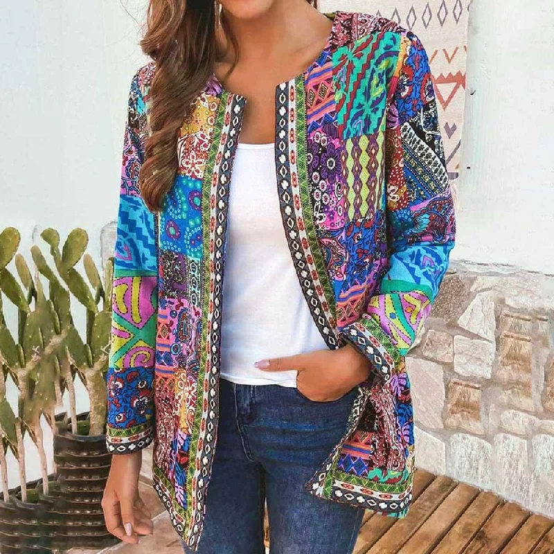 button down women cardigan with vintage buttonsAmy Fashion - Ethnic Floral Print Long Sleeve Loose Coat Cardigan Chic Outerwear