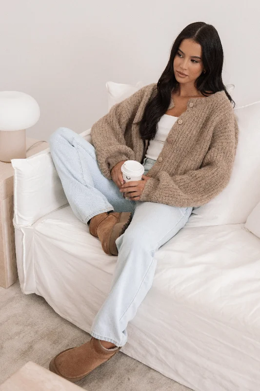 color block women cardigan with bold huescolor block women cardigan with bold huesAlbertine Cardigan - Latte