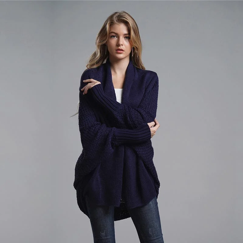 long length women cardigan with side slitslong length women cardigan with side slitsAmy Fashion - Oversized Sweater Knitted Patchwork Batwing Sleeves Cardigan