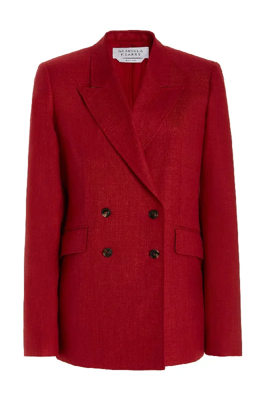 Plus Size Women's Embroidered Blazers in Floral Patterns for a Feminine TouchAngela Blazer in Red Wool and Silk Linen