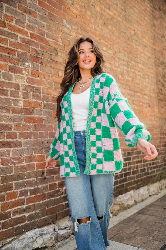 lightweight women cardigan for spring and fallAtta Girl Pink and Green Checkered Cardigan