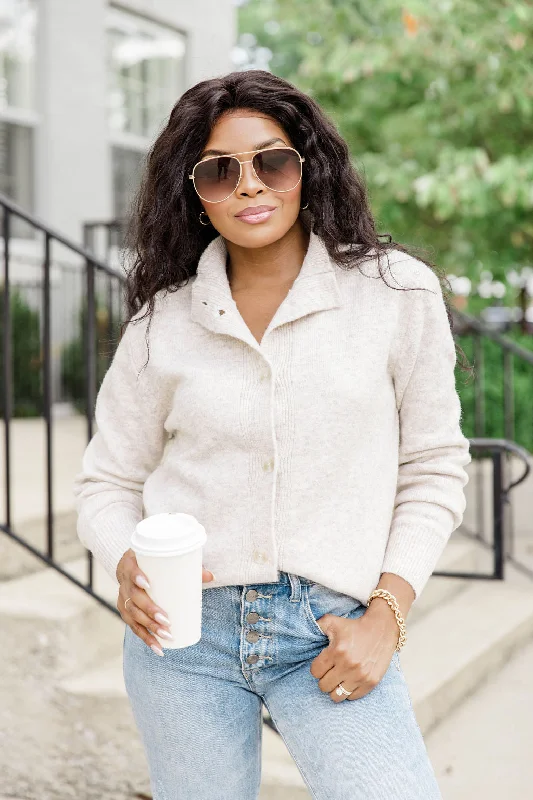 ribbed women cardigan with a classic textureribbed women cardigan with a classic textureThat's Alright Beige Collared Cardigan FINAL SALE