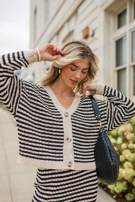 organic cotton women cardigan for an eco - friendly choiceBelieve In Me Cream and Black Button Front Striped Cardigan