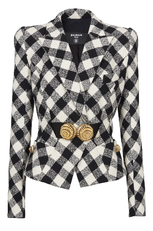 Women's Longline Linen Blazers in Pastel Colors for Summer EventsBelted Gingham Tweed Jacket
