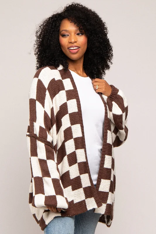 ribbed women cardigan with a classic textureBrown Checkered Print Oversized Cardigan