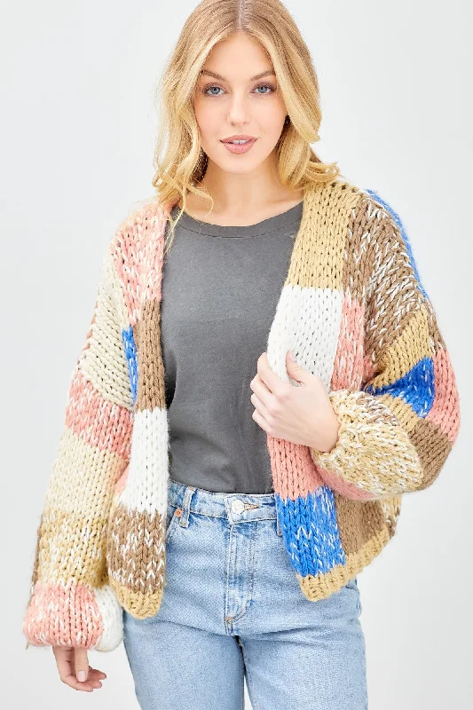 sequin embellished women cardigan for special occasionsBrown Color Block Checkered Thick Knit Cardigan