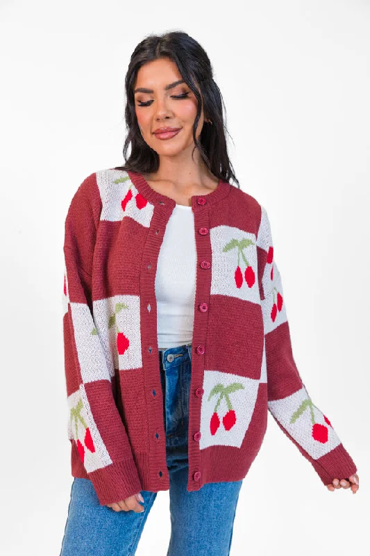 boyfriend style women cardigan for a relaxed fitCherry Much In Love Brick and White Multi Checkered Cardigan