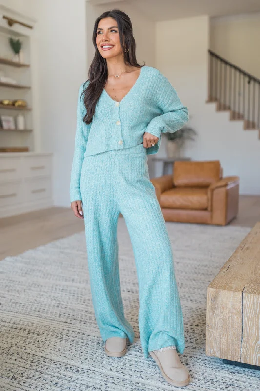 hand knitted women cardigan with artisanal charmhand knitted women cardigan with artisanal charmCool Factor Dusty Blue Cropped Cardigan & Wide Leg Set