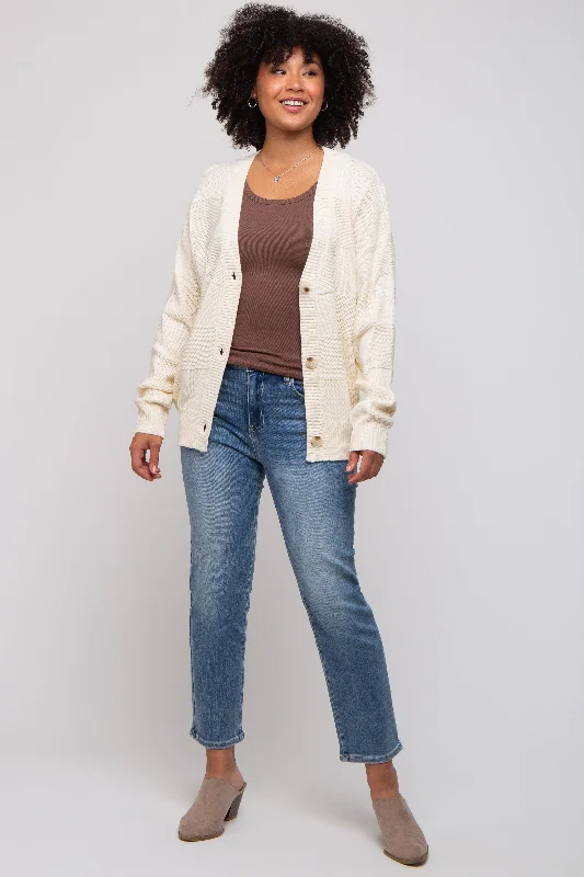 open front women cardigan for easy stylingopen front women cardigan for easy stylingCream Checkered Knit Button Front Cardigan