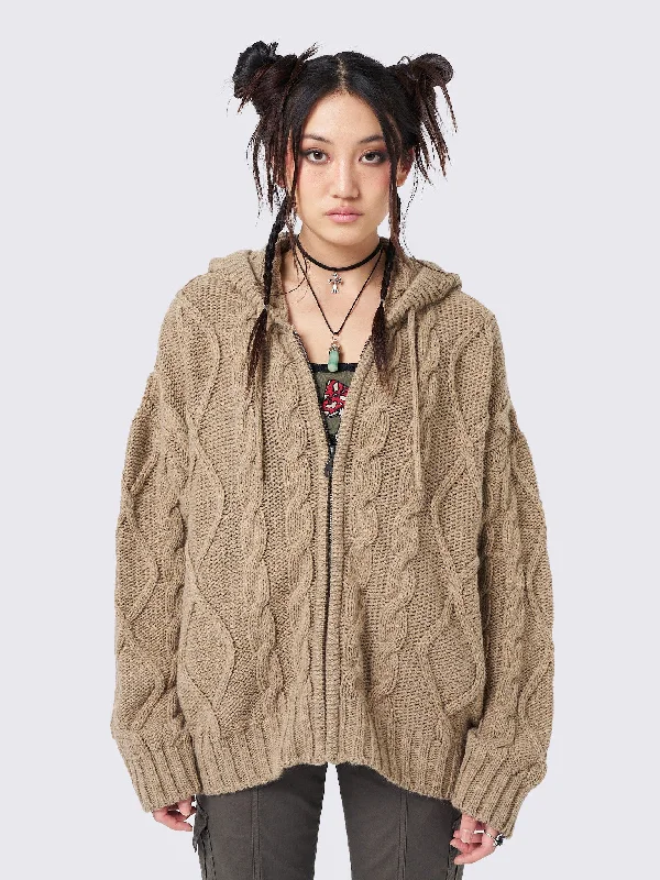 plus size women cardigan for comfortable layeringEli Beige Zip Up Cable Knit Cardigan