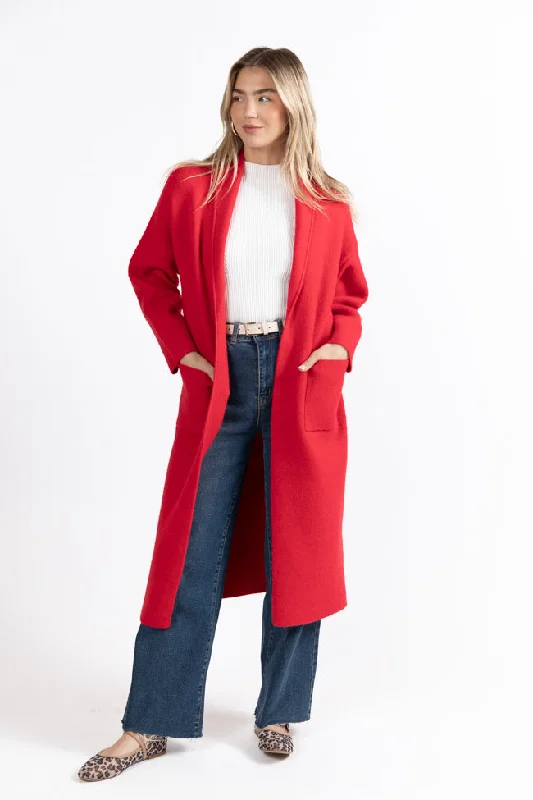 long length women cardigan with side slitsGo Where You Choose Red Long Cardigan