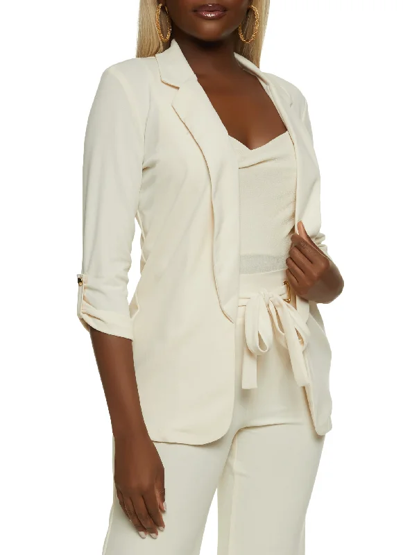 Oversized Women's Checkered Blazers in Black and White for a Trendy StyleCrepe Knit Tabbed Sleeve Blazer