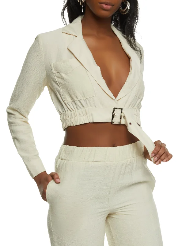 Women's Slim - Fit Blazers in Charcoal Gray for a Professional AppearanceLinen Long Sleeve Belted Blazer